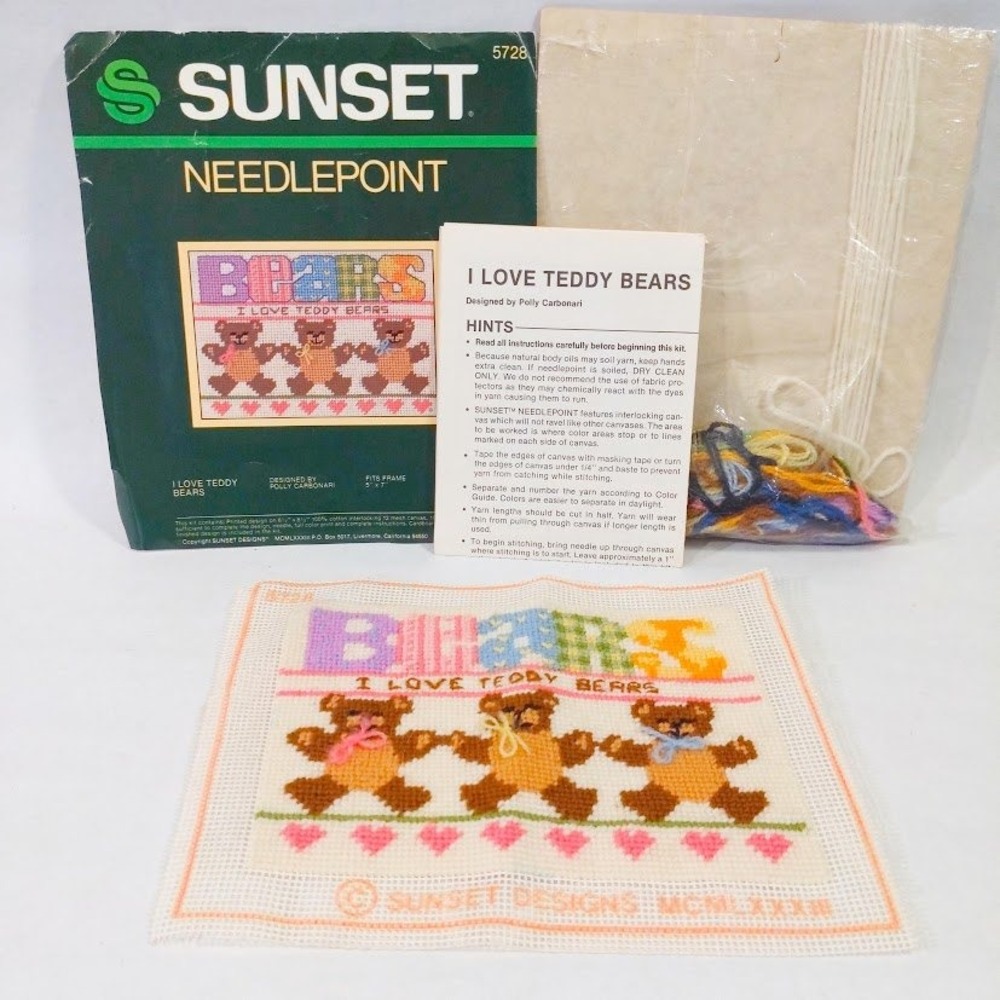 Vintage Sunset Designs Needlepoint Kit 5728 I Love Teddy Bears Polly Carbonari